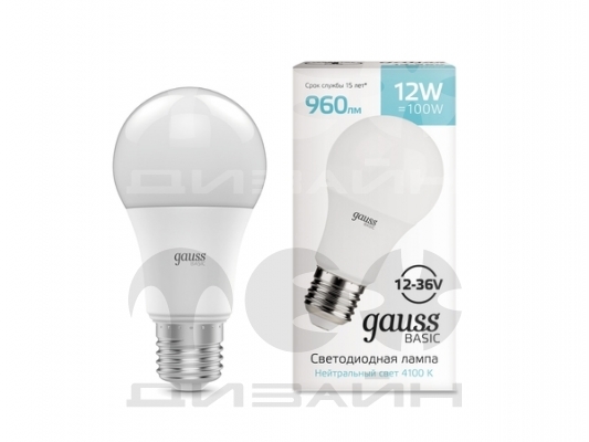 ����� Gauss Basic A60 AC/DC 12-36V 12W 960lm 4100K E27 LED